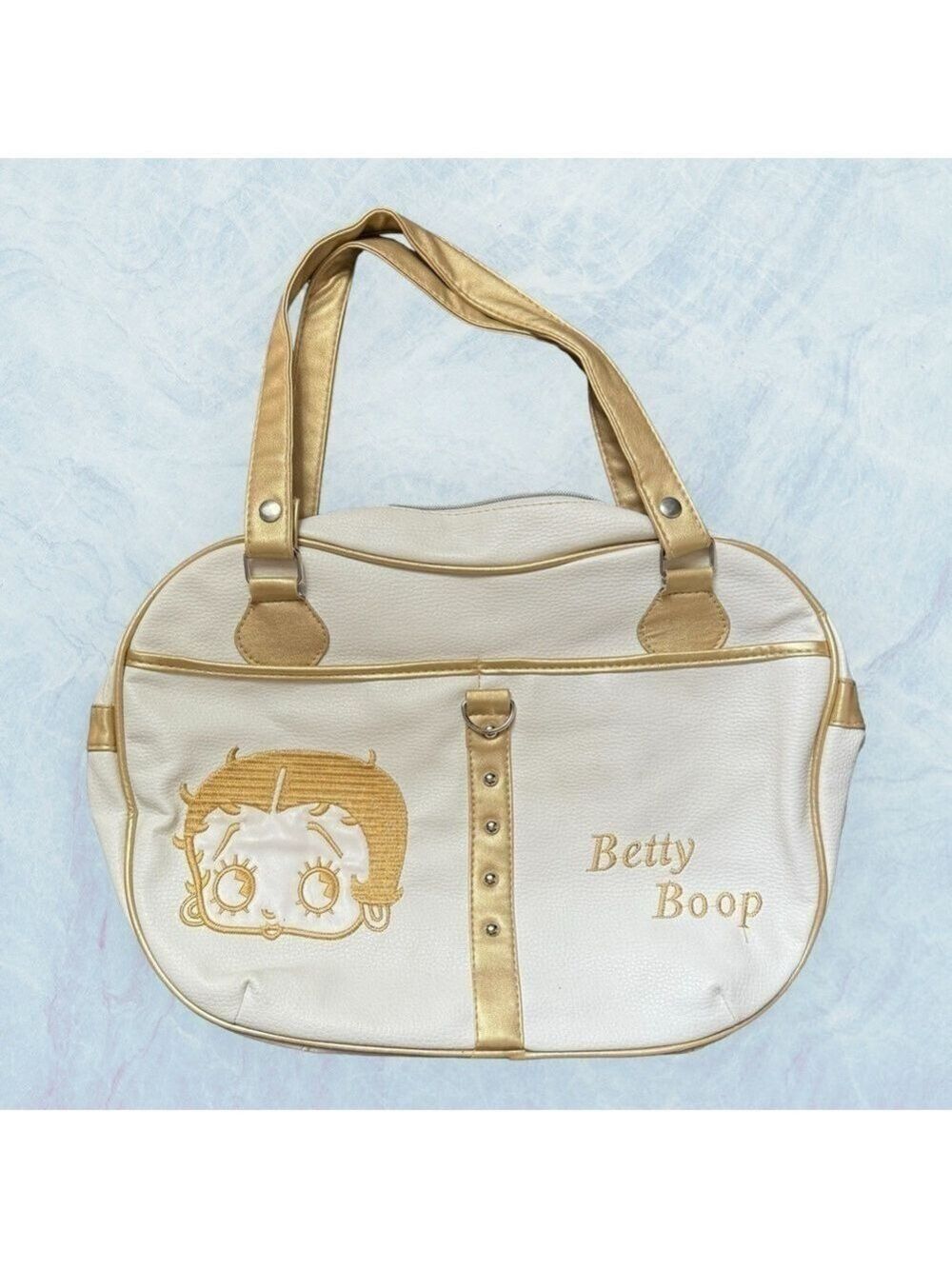 Betty Boop satchel bling bag cream with gold detachable handles pockets studs